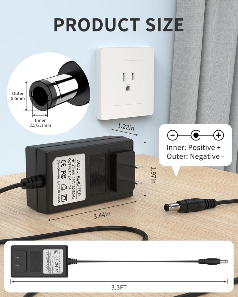 LitStar 12V 3A [12 Volts 3 Amps] Adapter Power Supply AC to DC Plug 5.5 x 2.1mm & 2.5mm for 12volt 1A 1.5A 2A 2.5A 1000mA 1500mA 2000mA 2500mA 3000mA Equipment, 3.3ft Cord - Image 4